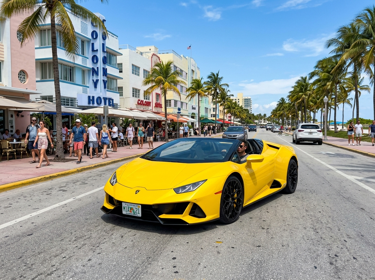 Rent Lamborghini Huracan EVO 2021 in Miami — yellow supercar on South Beach street