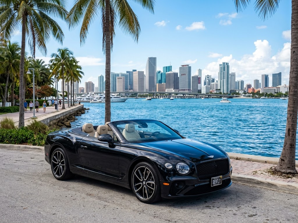 Rent Bentley Continental GT 2022 convertible in Miami — Bentley GT on Biscayne Bay waterfront