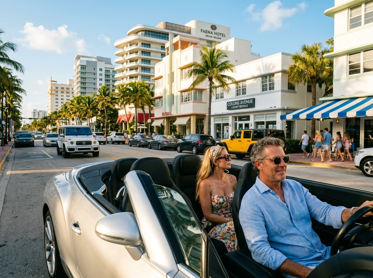 Convertible car rental Miami — Bentley Continental GT open-top on Collins Avenue Miami Beach