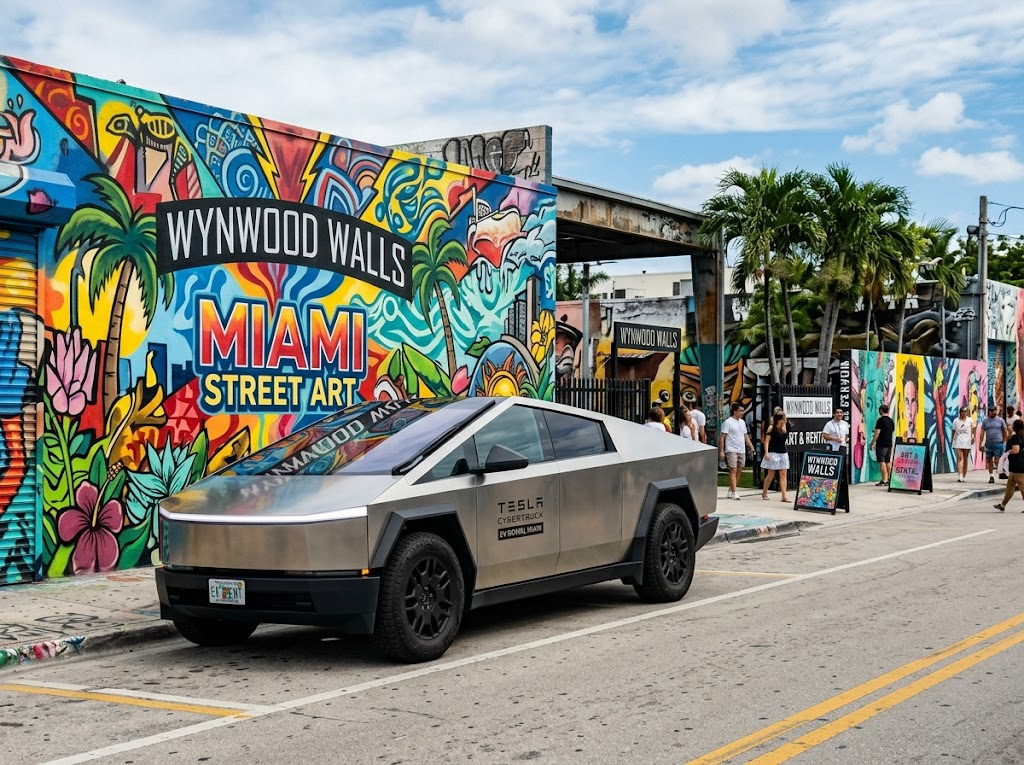Electric car rental Miami — Tesla Cybertruck at Wynwood Walls street art district Miami