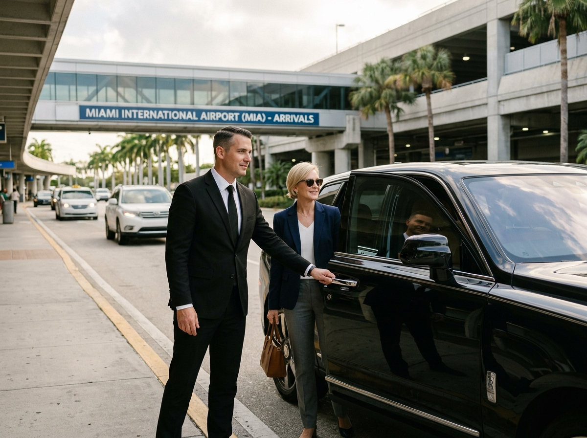 Chauffeur service Miami — professional driver in black suit opening Rolls-Royce door at Miami airport