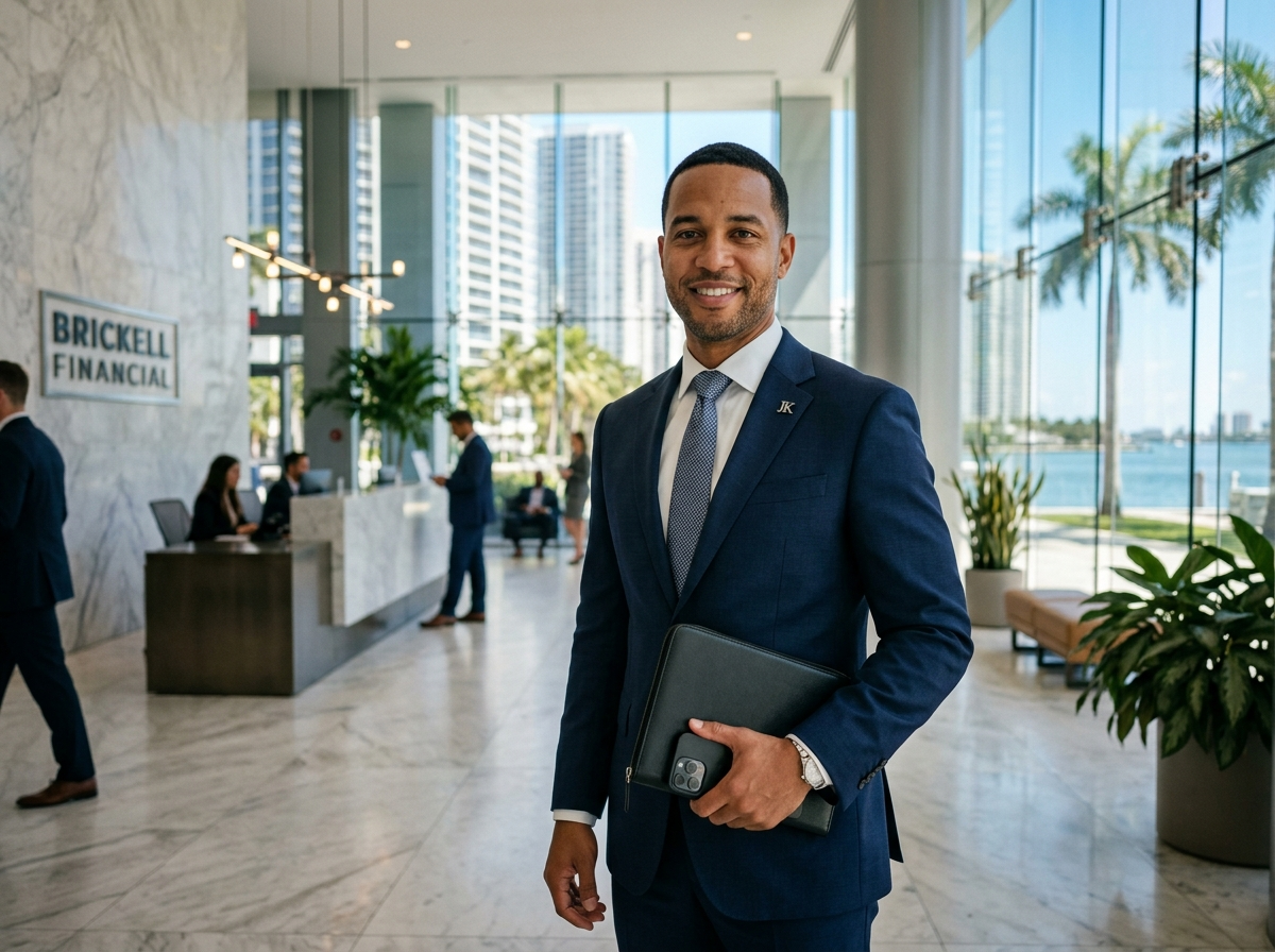 Jordan K. business traveler avatar — man in suit at Brickell Miami office lobby